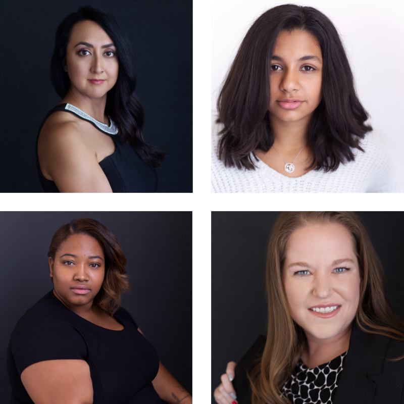 A collage of professional headshots showing three business women of diverse backgrounds and a teen child actor.
